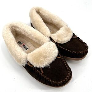 MINNETONKA Tracy Folded Moccasin Slipper 9 Tabby Shearling Slip On Trapper Women